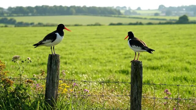 Two Oystercatcher Birds Perched on Fence Posts in Front of a Lush Green Meadow Landscape