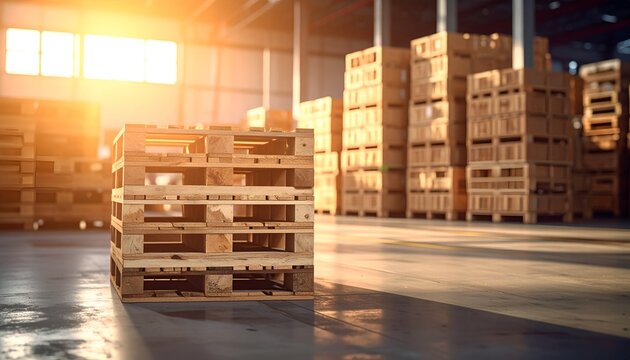 A stack of wooden pallets in a warehouse illuminated by warm, golden sunlight