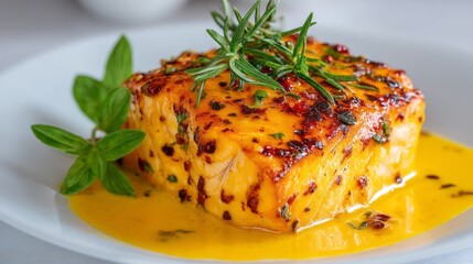 A beautifully cooked sea bass fillet rests on a pristine white plate, topped with fresh herbs. The dish shines with a lively yellow sauce, creating a feast for the senses