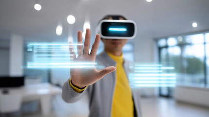 Teenager interacting with a futuristic digital interface using gesture control, symbolizing artificial intelligence, innovation, and virtual technology.
