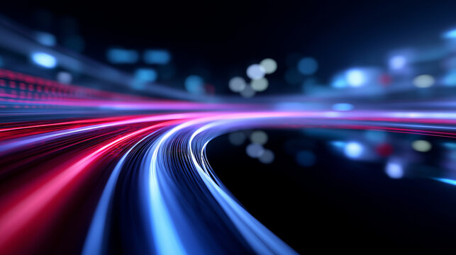 Colorful light trails on a curved road at night, symbolizing speed, data transmission, and futuristic transportation technology.
- Powered by Adobe