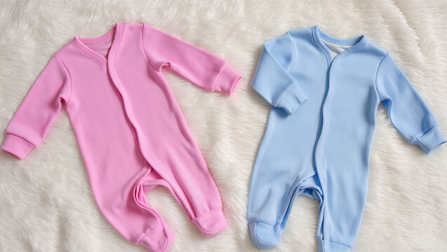 Pink and blue newborn baby sleepsuits laid side by side on soft white fluffy background, minimal flat lay symbolizing gender reveal party, pregnancy announcement, baby shower idea