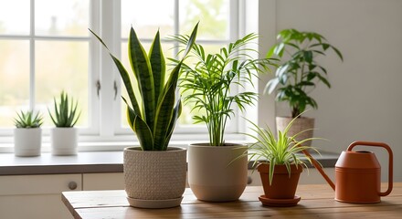 Obraz premium Houseplants in Pots on a Table Near a Window Creating a Natural Indoor Oasis