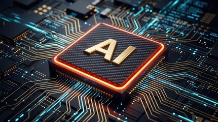 Artificial intelligence chip futuristic processor digital circuit technology background glowing light high tech computer