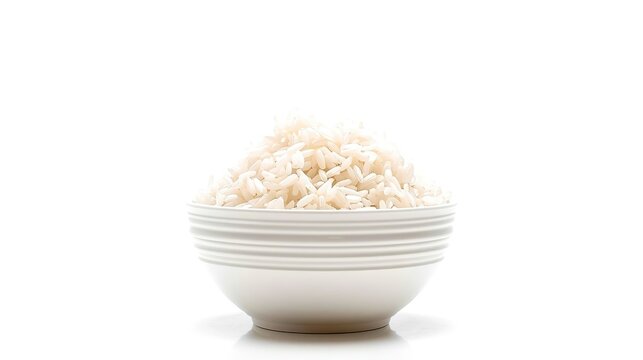 A bowl of white rice is sitting on a white background