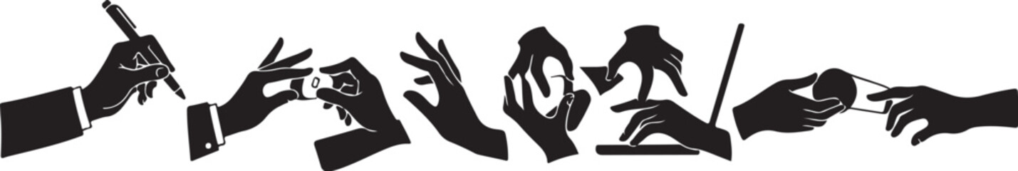 Fototapeta premium Various hands holding objects in black silhouette on white background