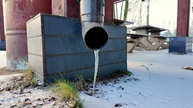 Icicle hanging from gutter above snow beside concrete structure in winter urban outdoor environment