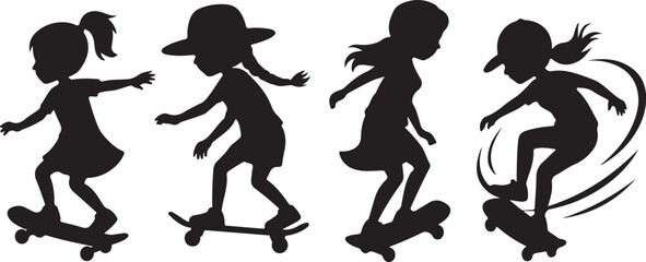 Female skateboarder silhouettes in motion in dynamic black silhouette vector © Ranaart