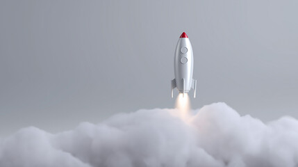 Small cartoon rocket launching from clouds, symbolizing startup growth, innovation, and new business beginnings.

