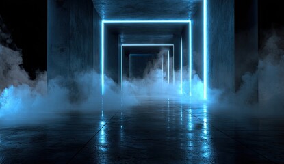 Futuristic tunnel with neon blue glowing frames and ethereal fog, creating an otherworldly atmosphere