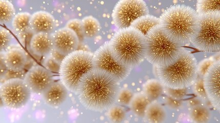 Close up of fluffy dried seed pods with golden glitter sparkles against a soft bokeh background