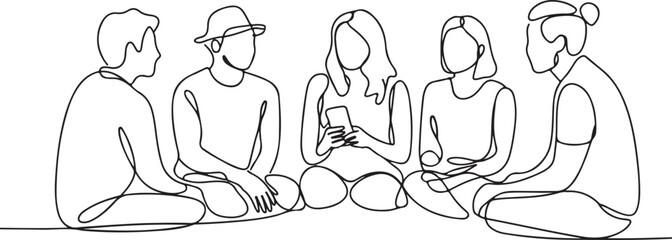 Group of young people sitting on ground together and talking. Friends rest and communicate. Continuous line art drawing style. Minimalist black linear sketch on white background. Vector illustration
