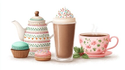 Cozy Hot Chocolate and Macarons with Festive Tea Set and Holly Sprig