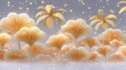 Golden Coral Reef with Palm Trees and Sparkling Glitter in Soft Lighting