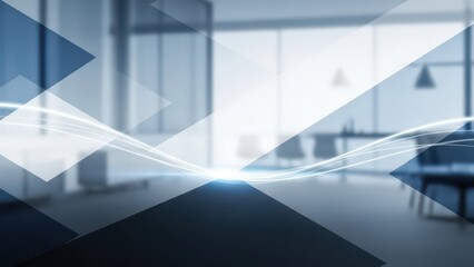 Modern Office Interior with Abstract Blue Geometric Overlay and Light Streaks