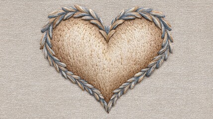 Heart Shape Formed by Woven Wheat Stalks and Blue Leaves on Textured Background