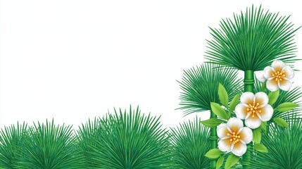 Green Pine Tree Branches And White Flowers With Yellow Centers On White Background