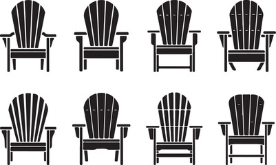 Holiday and Comfort Chair Silhouettes Vector, Adirondack, Deck, and Garden Furniture Icons Set for Relaxation and Beach Graphics