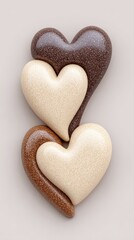 Three Sparkling Heart Shapes Two Chocolate Brown and One Cream White Layered Together Against a Light Neutral Background
