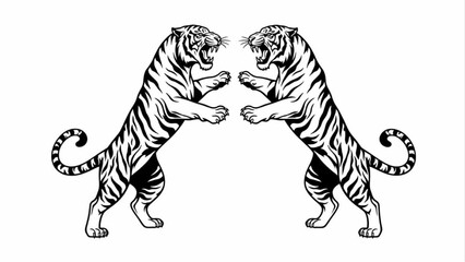 Title Rearing Tigers Silhouettes Set for Heraldic Mascot Logo and Traditional Cultural Decorative Art