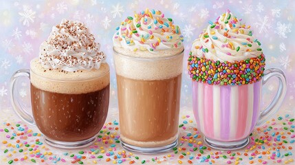 Three Sweet Hot Chocolate Drinks Topped With Whipped Cream And Sprinkles In A Winter Wonderland Background