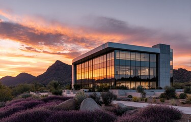 Obraz premium Modern glass building reflects sunset hues, mountains in background, purple flowers in foreground