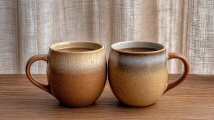 Two Ceramic Coffee Mugs Filled With Dark Coffee Stand On A Wooden Table With Soft Textured Fabric Background