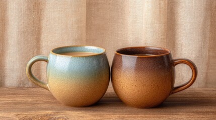 Two Ceramic Coffee Mugs With Rustic Texture On Wooden Surface Against Golden Draped Fabric