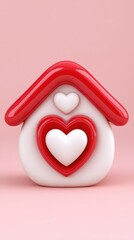Whimsical Heart House Icon with Red Roof and White Base on Pink Background