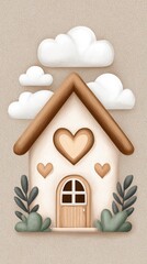 Whimsical Gingerbread House With Heart Accents And Fluffy Clouds On Textured Background
