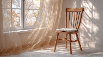Wooden Chair Near Window With Autumn Trees Visible Through Sheer Curtains Sunlight