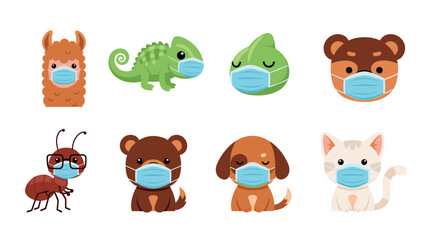 Obraz premium Collection of cute cartoon animals including a llama, chameleon, bear, ant, dog, and cat all wearing blue face masks.