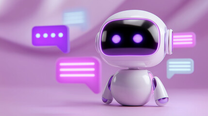 Cute AI robot with chat icons on a purple background, symbolizing friendly artificial intelligence, communication, and digital assistance.
