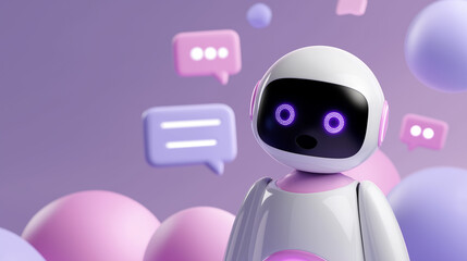 Cute AI robot with chat icons on a purple background, symbolizing friendly artificial intelligence, communication, and digital assistance.

