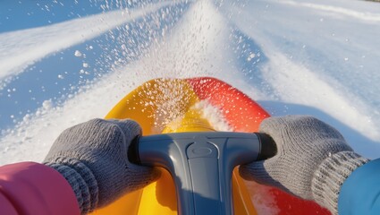 POV winter sledding down snowy hill with bright red yellow plastic sled, flying snow, gloved hands and jacket creating speed, cold air, motion and winter fun