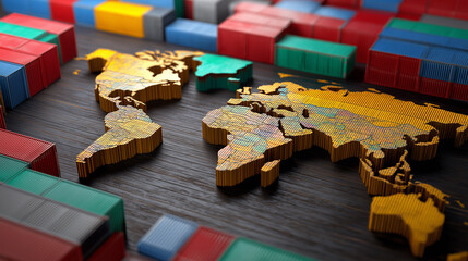 A wooden world map surrounded by colorful cargo containers symbolizes global trade and logistics.
