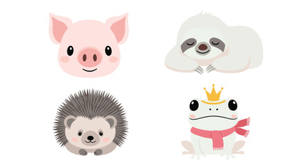 A charming set of four cute and simple watercolor-style animal portraits, including a pig, sloth, hedgehog, and a frog prince.