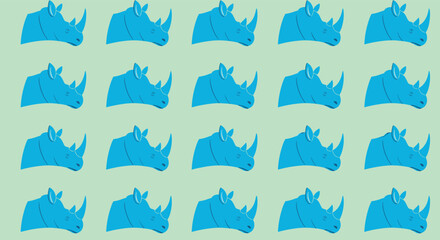 Obraz premium A seamless, repeating pattern of blue rhinoceros head profiles viewed from the side, set against a light green background.