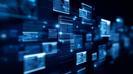 Abstract digital data panels floating in a dark space, symbolizing information flow, data systems, and advanced technology infrastructure.
