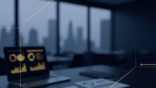 Modern office desk with laptop displaying financial charts and city skyline view copy space - Powered by Adobe