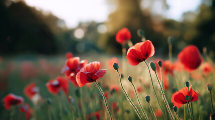 Naklejka premium Red poppy flowers blooming in a field during golden sunset, symbolizing nature, remembrance, and peaceful rural beauty. 