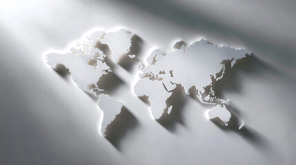 Minimalist white world map mounted on a wall, symbolizing global connection, geography, and modern interior design.
