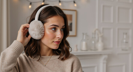 Young woman wearing fluffy white earmuffs and a beige sweater. Cozy winter fashion portrait in a home setting. Brunette female in warm knitwear indoors