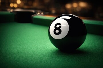 Black number eight ball on green pool table close to pocket under dramatic lighting in game setting