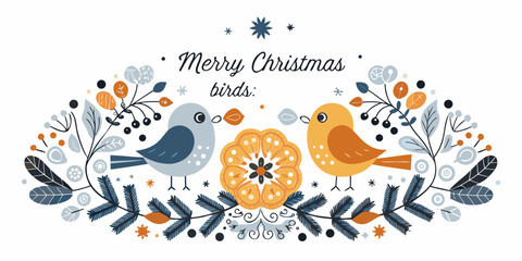 Festive christmas birds and botanical wreath illustration for holiday season greetings © Roni