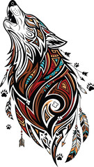 Obraz premium Tribal Wolf Artistic Illustration with Feathers and Paw Prints