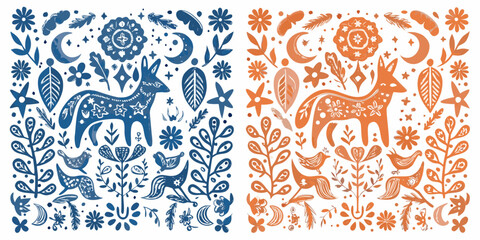 Folk art featuring deer celestial motifs and floral embellishments in two color schemes © Roni