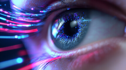A close-up human eye with digital light streams illustrates data vision, perception, and futuristic technology.
