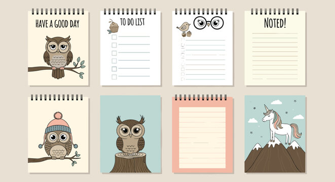 A cute collection of printable notepad and to-do list templates featuring adorable owls, birds, and a unicorn on a mountain.