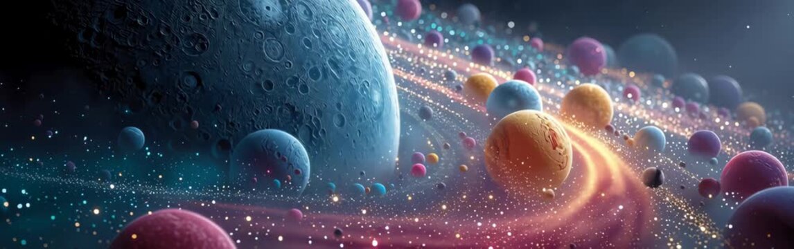 Vibrant cosmic orbs drift through a neon nebula, stars sparkle as planets glow. glow and color drift